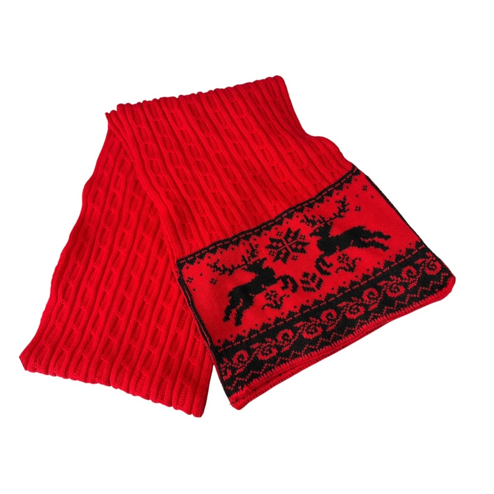 Aris Red Scarf Reindeer Fair Isle Knit Cable Winter Holiday Nordic Festive